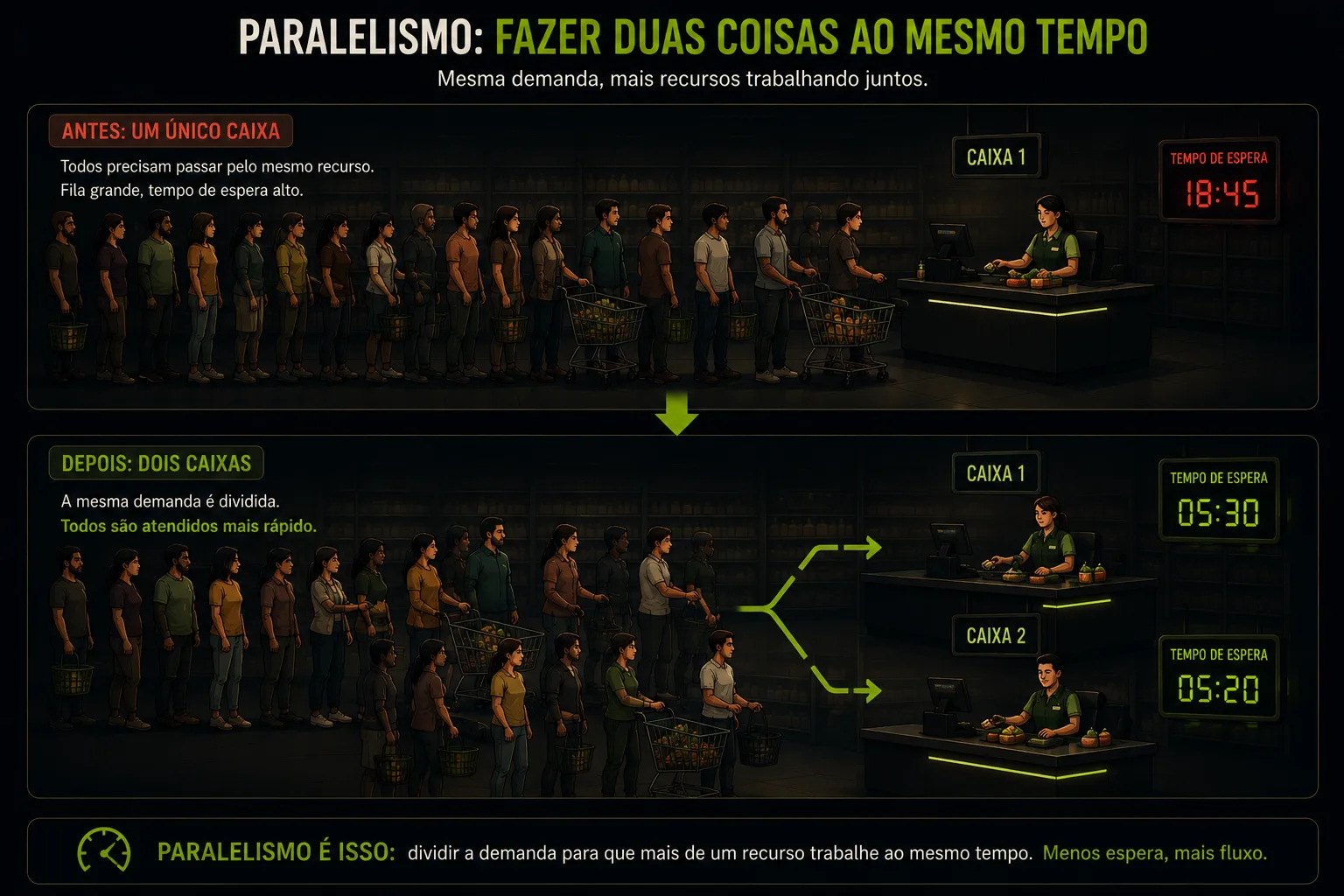 Paralelismo: fazer duas coisas ao mesmo tempo. Antes, um único caixa: todos precisam passar pelo mesmo recurso, fila grande, tempo de espera alto. Depois, dois caixas: a mesma demanda é dividida, todos são atendidos mais rápido. Paralelismo é isso: dividir a demanda para que mais de um recurso trabalhe ao mesmo tempo — menos espera, mais fluxo.